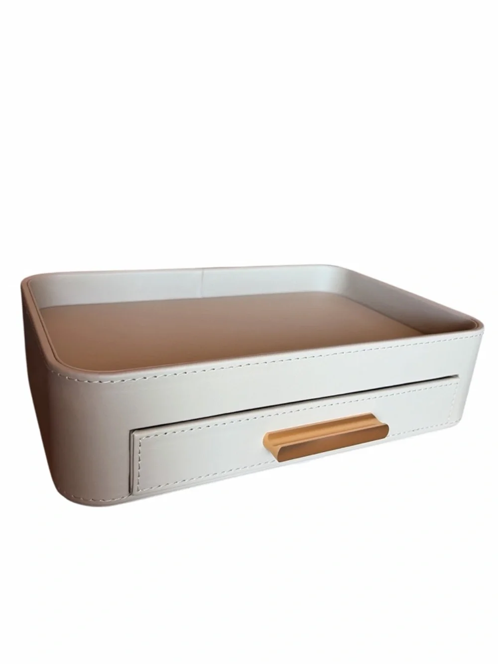 Beige Leather Valet Tray with Gold Handle